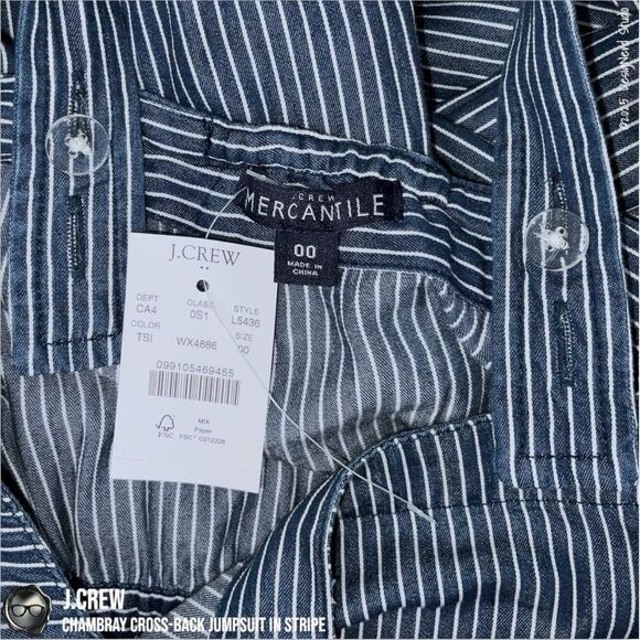 J.CREW CHAMBRAY CROSS-BACK OVERALL JUMPSUIT IN INDIGO RAILROAD STRIPE WIDE LEG - Picture 7 of 12